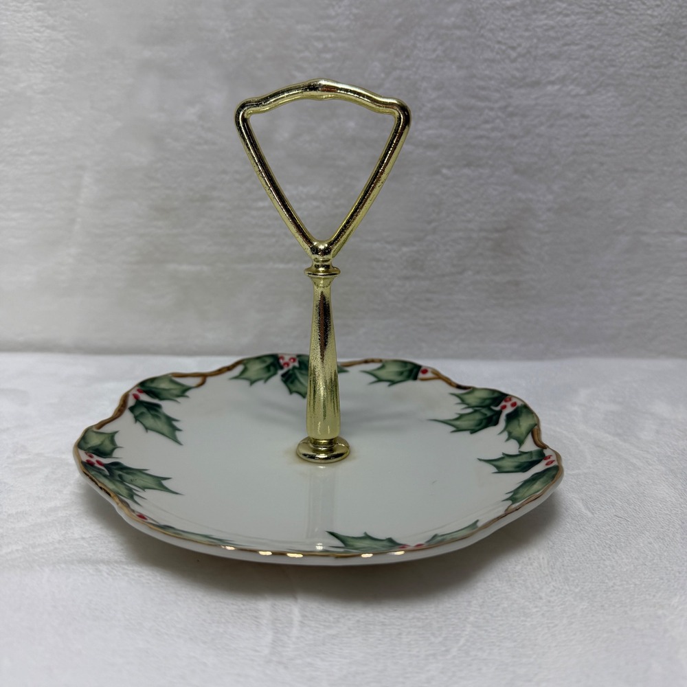Lefton China Holly Berry Tidbit Tray Hand Painted Christmas‎ Serving Plate Gold